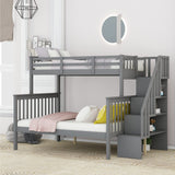 Bunk Bed with Staircase, Twin Over Full Bunk Bed with Storage, Bunk Bed Frames with Stairs, Convertible Bunk Beds for Teens, Kids(Grey)