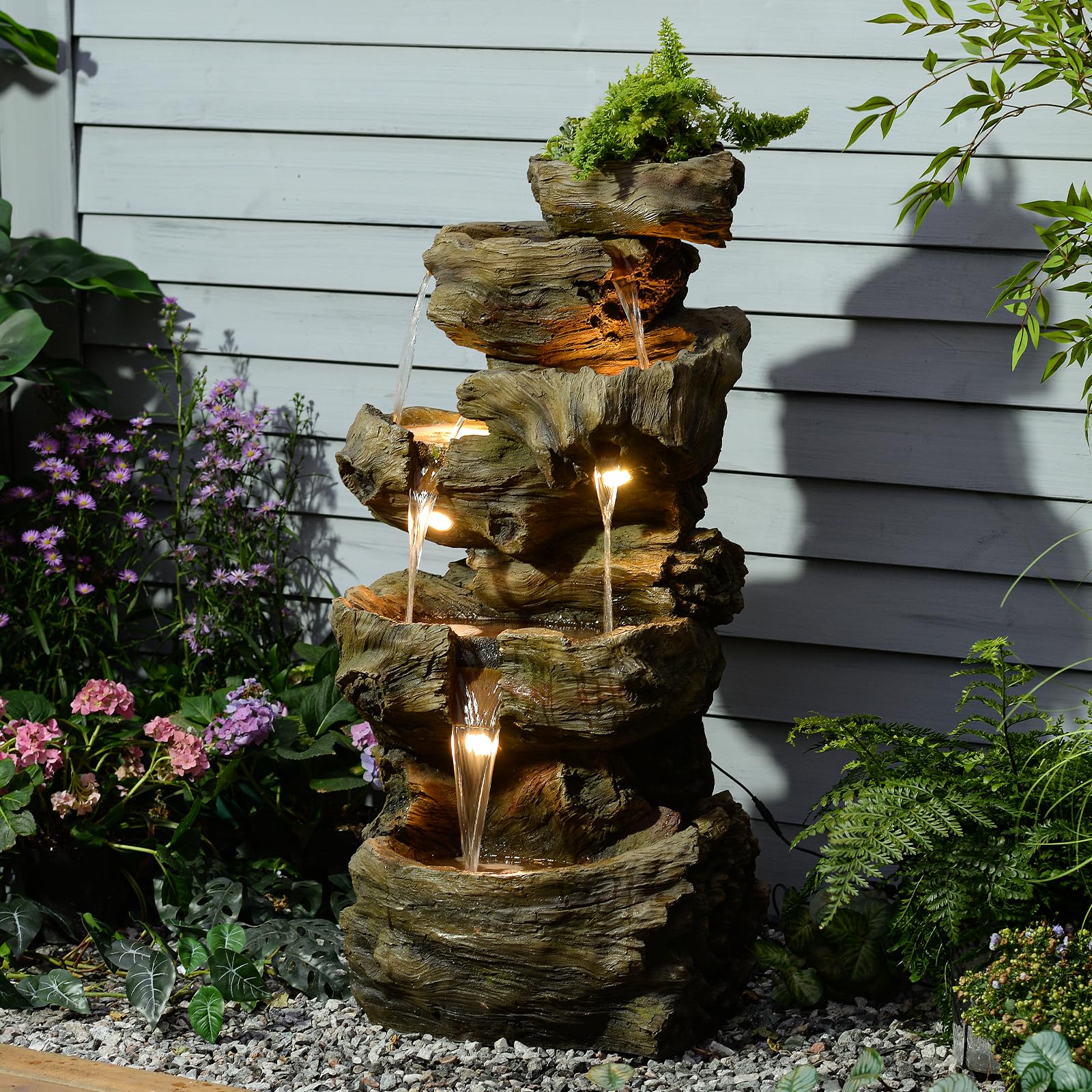 Wood Waterfall Fountain Outdoor 5 Tiers Large Cascading Rock Waterfall Outdoor