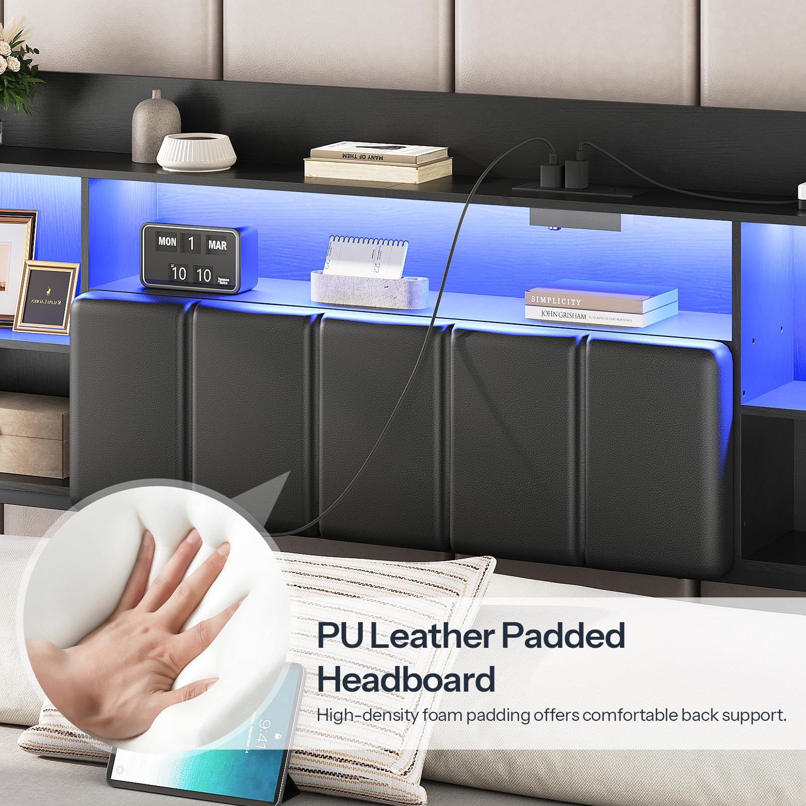 Queen Floating Bed Frame with LED Lights & Charging Station