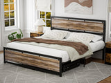 King Size Bed Frame with Wooden Headboard Footboard, Farmhouse Metal King