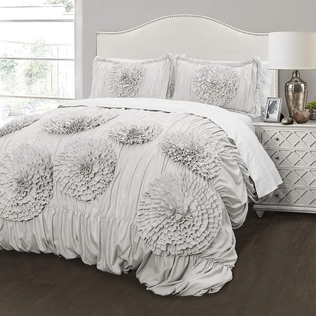 Serena Comforter Set, 3 Piece Set, Full/ Queen, Ivory - Ruched Ruffled Flower Design - Romantic Ruffle Bedding Set - Vintage Glam & Farmhouse Bedroom Decor