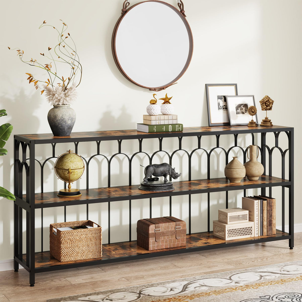 70.87" Long Console Table, 3-Tier Narrow Sofa Table with Shelves, Industrial Foyer Table Entryway Table for Living Room,