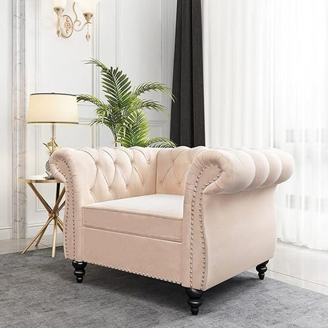 Modern Tufted Couch 3 Seater with Rolled Arms and Nailhead