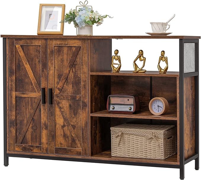 Floor Storage Cabinet, Buffet Storage Cabinet with 2 Barn Doors, Industrial Sideboard with Adjustable Shelves,