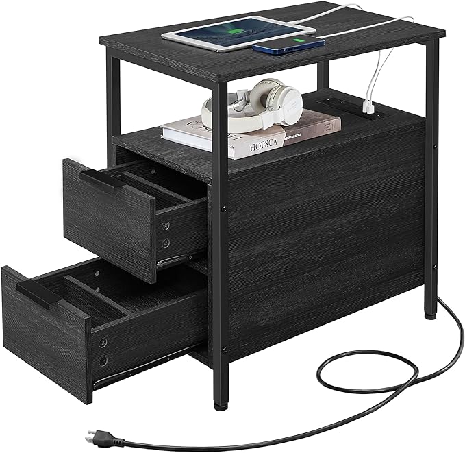 Side Table with Charging Station, Narrow End Table with 2 Drawers, Slim Nightstand and Bedside Table