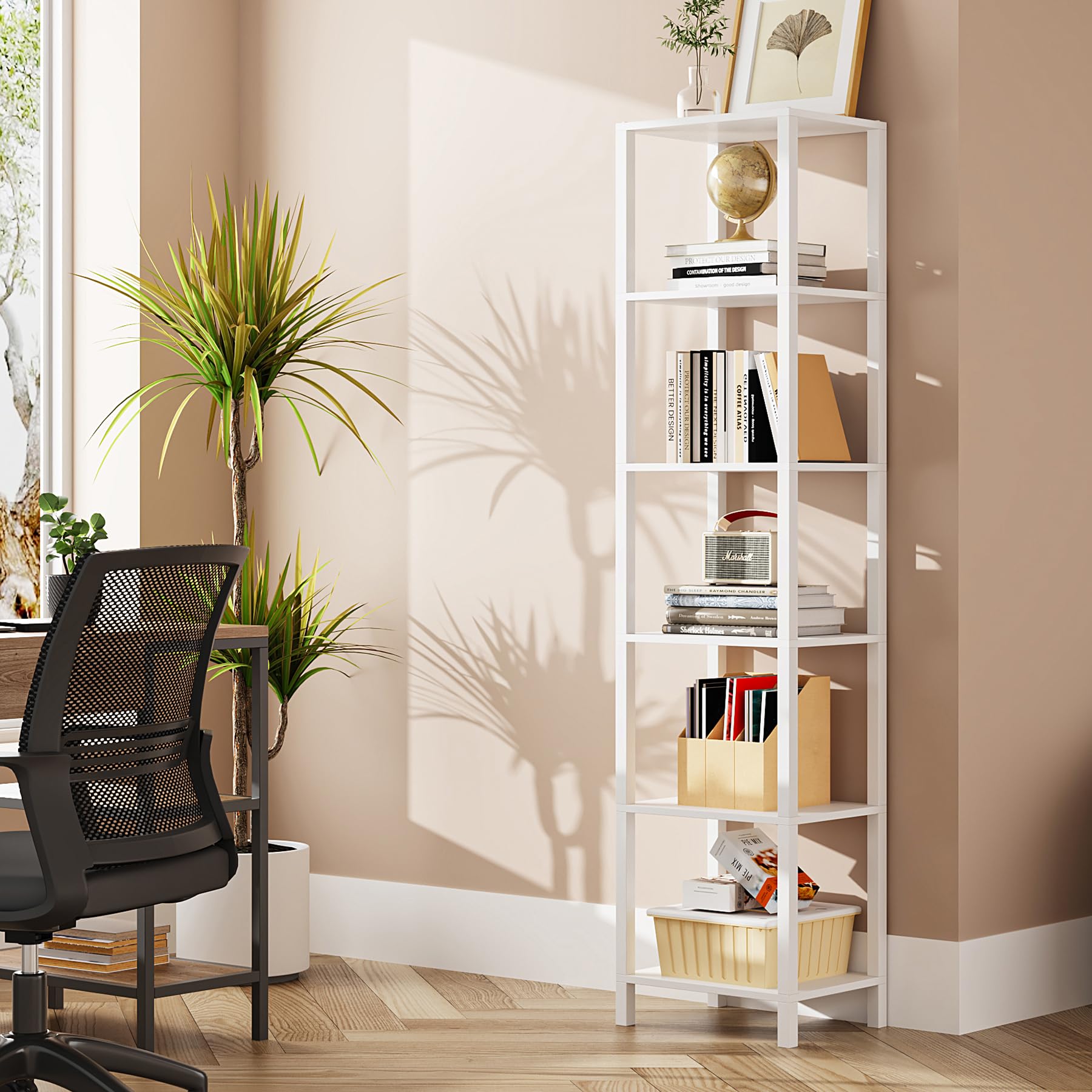 Bookshelf, 6-Tier Tall Book Shelf, Narrow Bookcase for Small Space, DIY Stackable Bookshelf, for Living Room, Office, Study, Entryway, Industrial, White BS01BW006