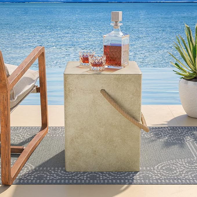 Outdoor Shaped Side Table with Concrete Top & Hemp Rope Handles, 17'' Patio Accent Table