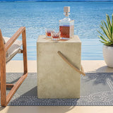 Outdoor Shaped Side Table with Concrete Top & Hemp Rope Handles, 17'' Patio Accent Table