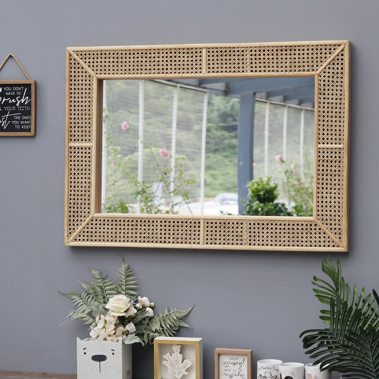 Wooden and Rattan Mirrors, Boho Rectangle Wall Mirror for Living Room