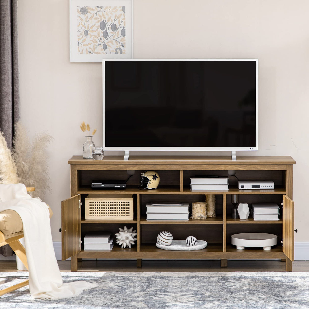 TV Stand for 65 Inch TVs, TV Cabinet with Wooden Shelves and Doors, Entertainment