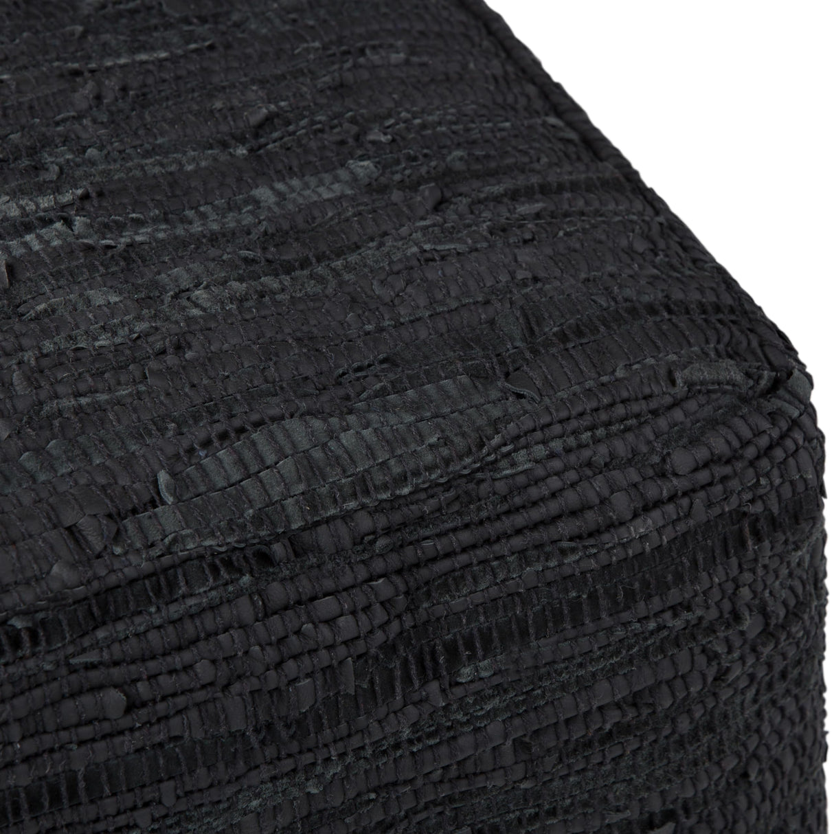 Fredrik Boho Square Pouf in Black Woven Genuine Leather for the Living Room, Bedroom