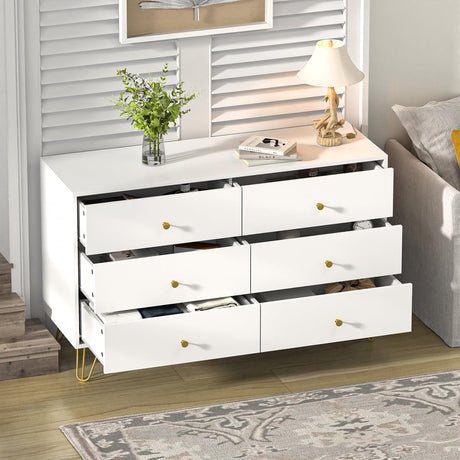 White Dresser for Bedroom, 6 Drawer Dresser with Golden Handles and Golden Legs