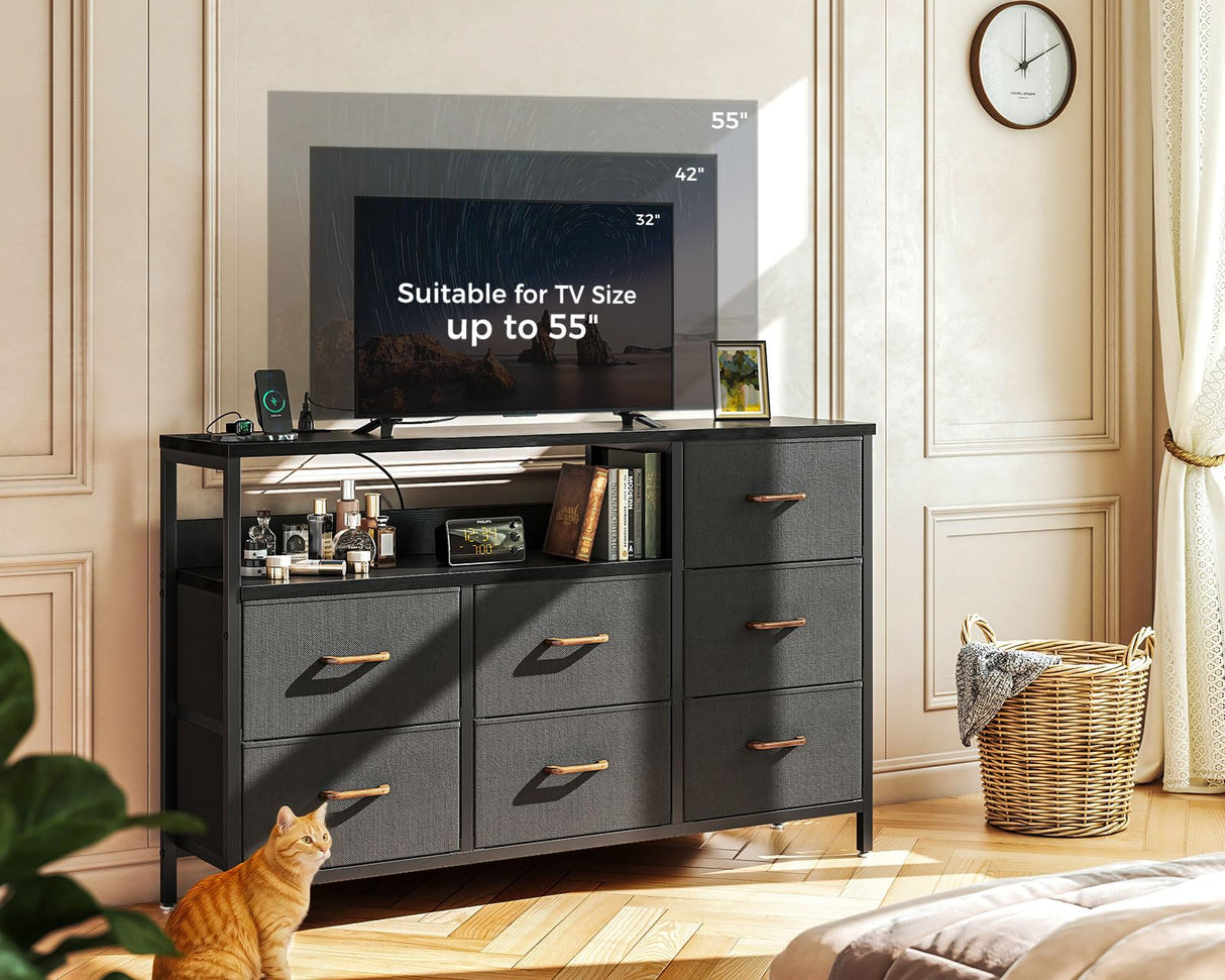 Dresser with Charging Station, 52-Inch Long Dresser for Bedroom with 7 Large Fabric