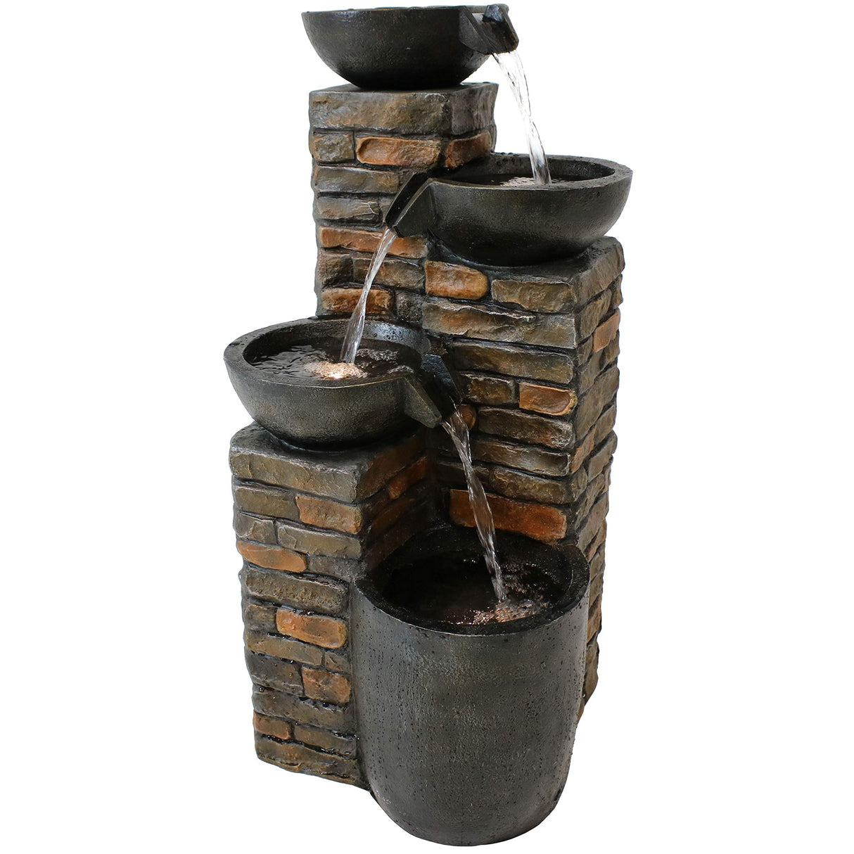 Staggered Bowls 34-Inch Outdoor Water Fountain - LED Lights -Electric Submersible