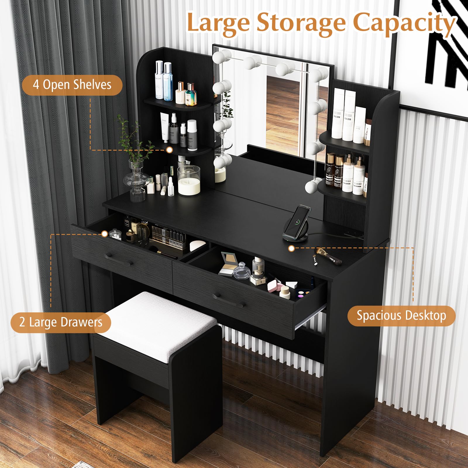 Makeup Vanity Desk with Lighted Mirror, Dressing Table & Stool Set with Charging Station, 3-Color Adjustable LED Lights, Drawers & Open Shelves for Bedroom (Black)