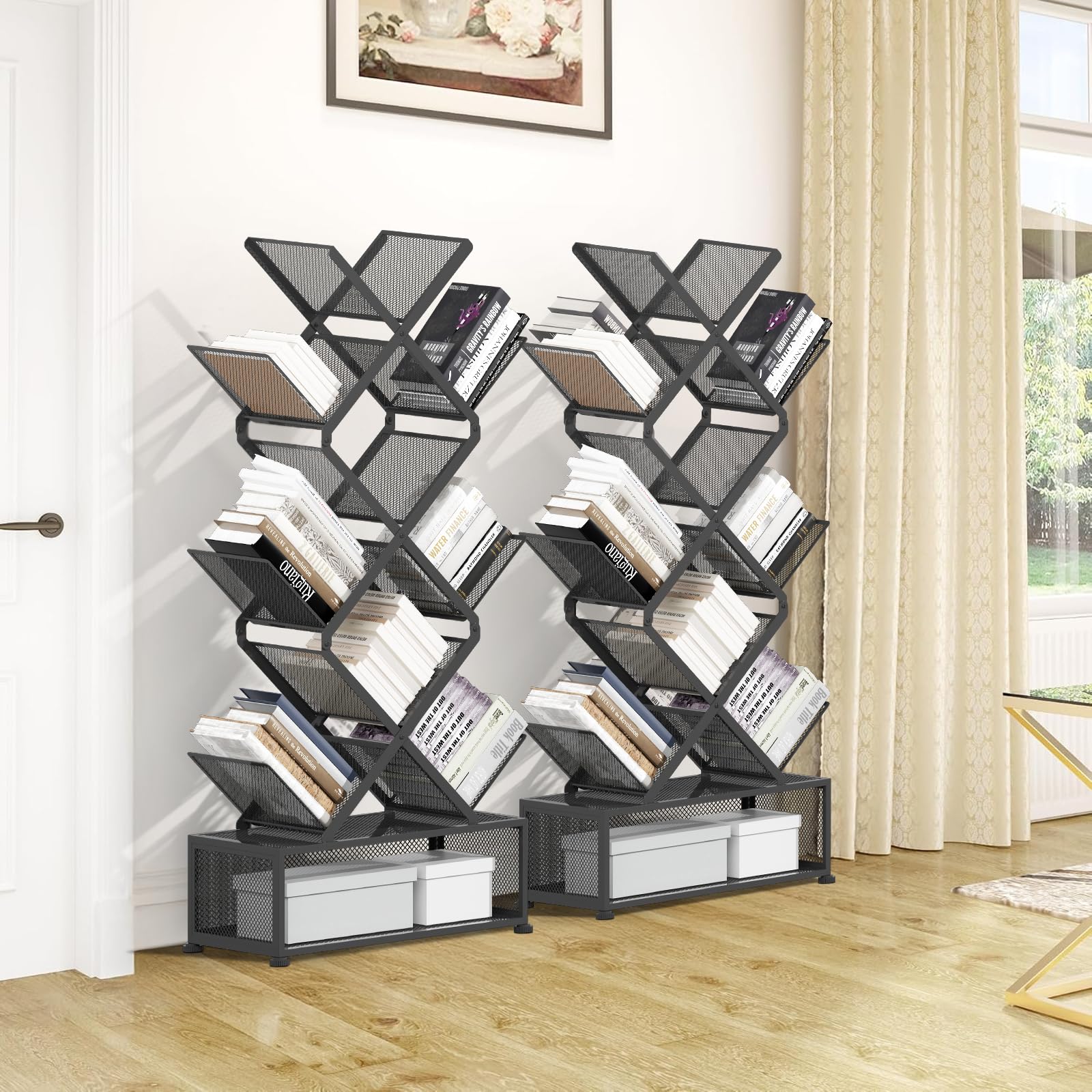 Gintan 9-Tier Corner Bookshelf with Storage,Bedroom Shelves Folding Bookshelves,No Installation Required Shelf Tree Bookcase for Living Room,Study,Home Office,Bed Room (Black)