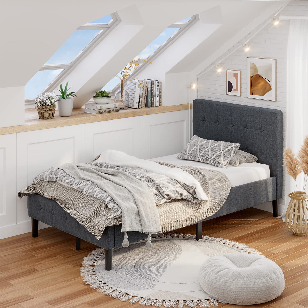 Twin Upholstered Bed Frame with Button-Tufted Headboard - Grey