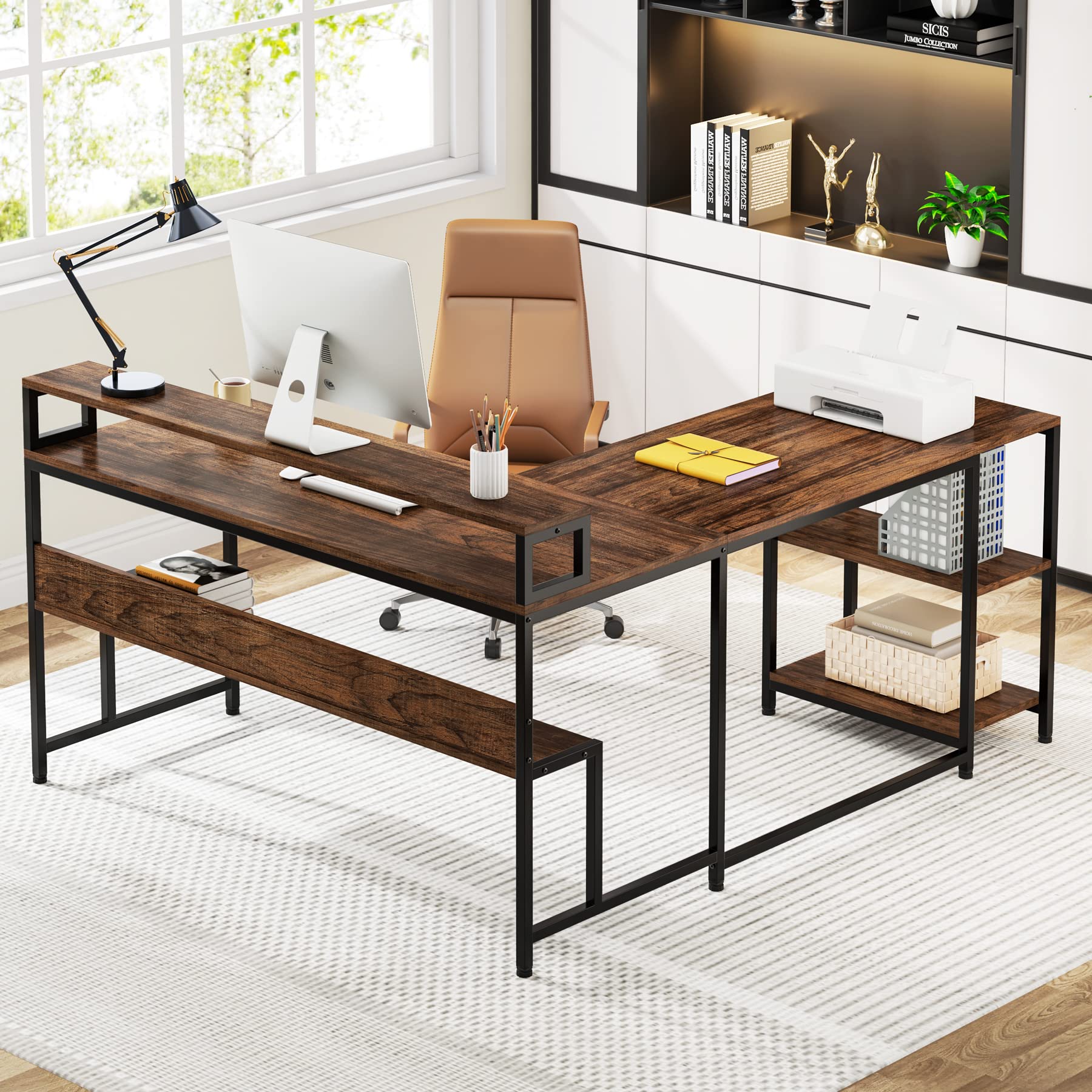 L Shaped Desk with Shelves, 59" Home Office Desk, Reversible Corner Computer Desk