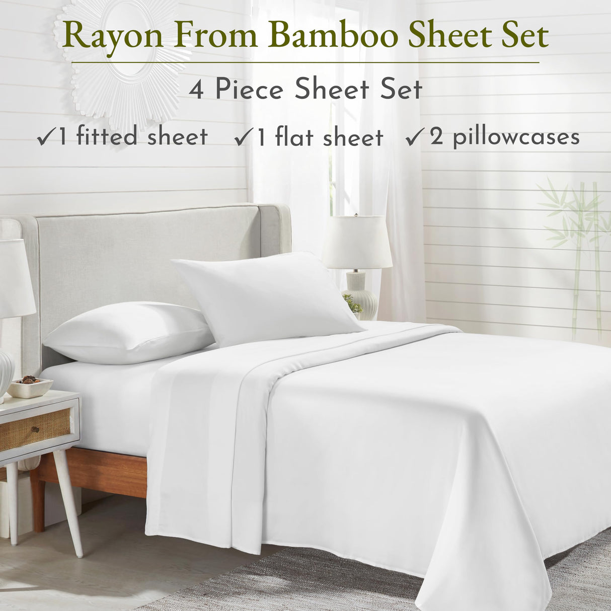 Rayon from Bamboo Sheets, King Luxury Cooling Sheets King Size Bed, White Sheets