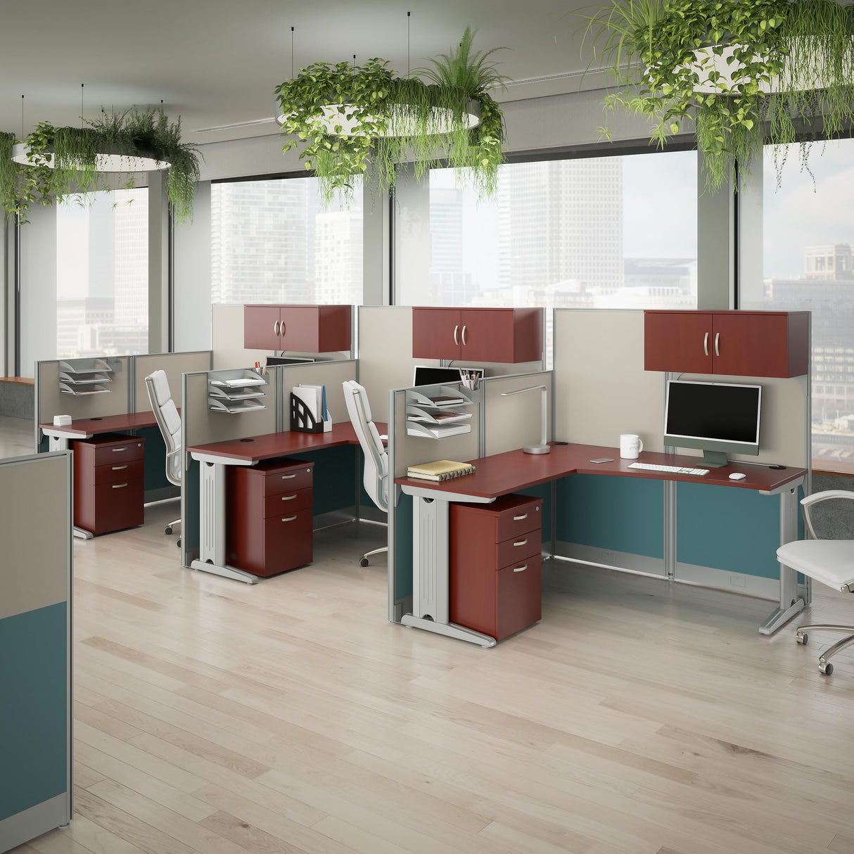 Office in an Hour 3 Person L Shaped Cubicle Desks with Storage, Drawers, and Organizers