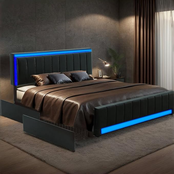 Queen Size Bed Frame with Headboard, Platform Bed Frame with LED Lights&4 Storage Drawers,