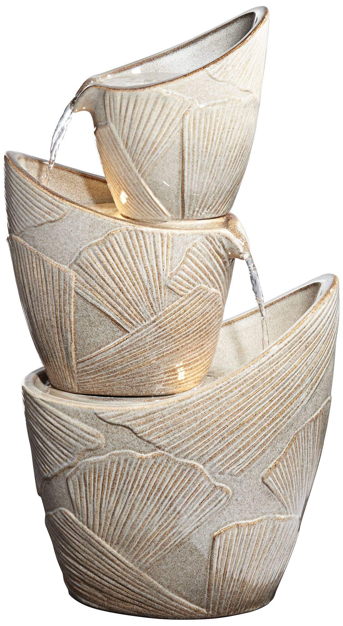 Three Urn with Leaves Asian Indoor Outdoor Floor Water Fountain with Light LED 30"