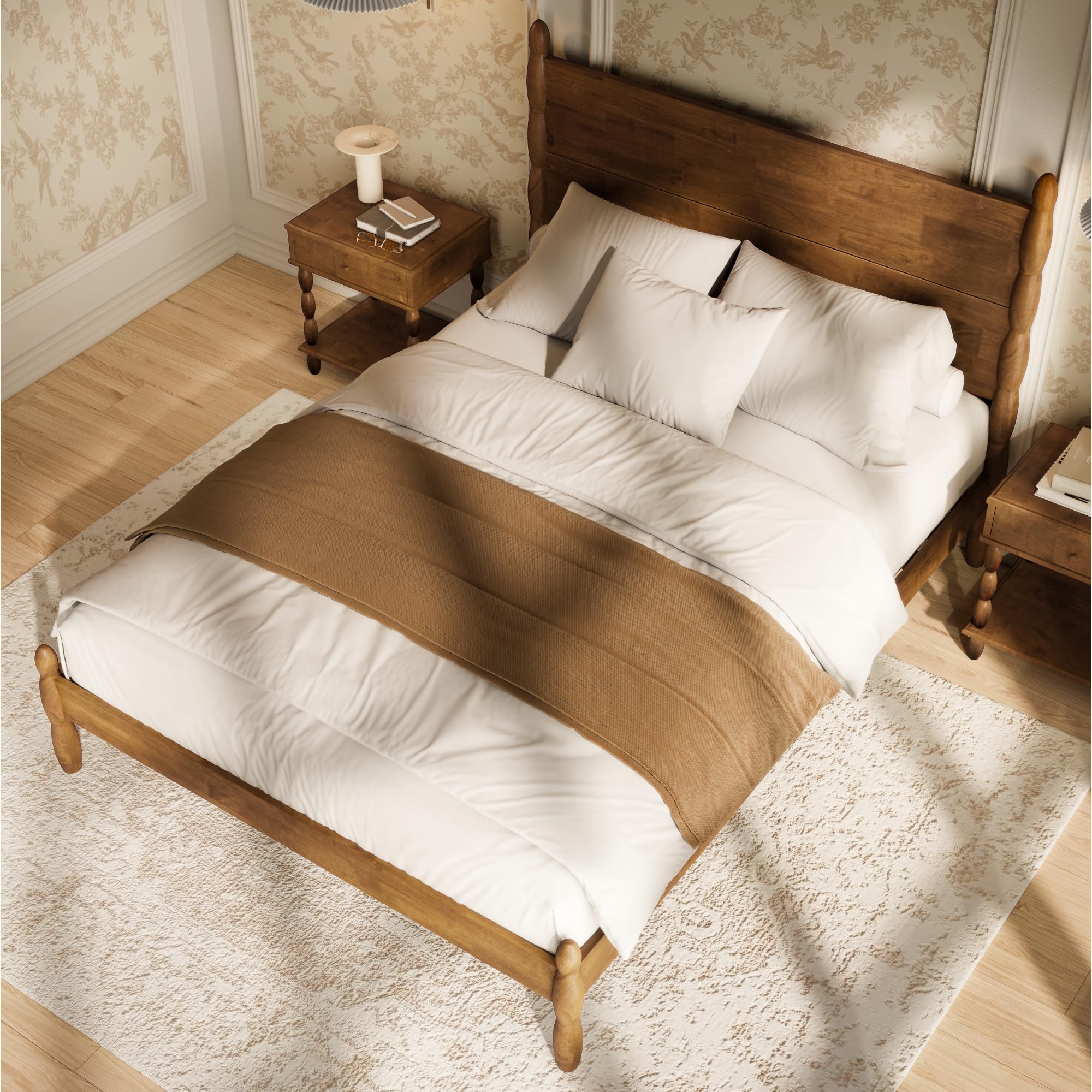 Queen Size Solid Wood Spindle Bed Frame with Four Posts - Walnut Finish
