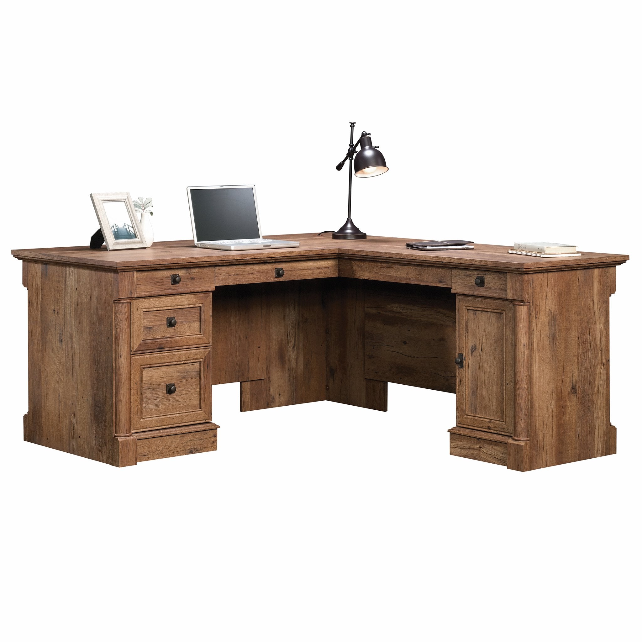 Sauder Palladia L Shaped Desk with Drawers, Office Desk with File Cabinet Storage, Cable Management, Keyboard Tray, in Vintage Oak Finish
