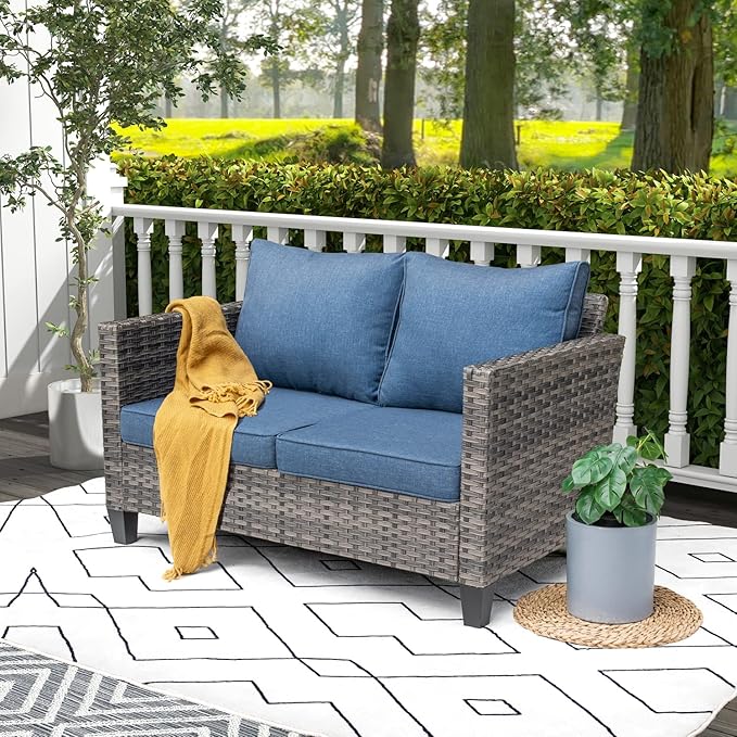 Patio Sofa Loveseat, 2-Seater Outdoor Wicker Rattan Sofa Couch