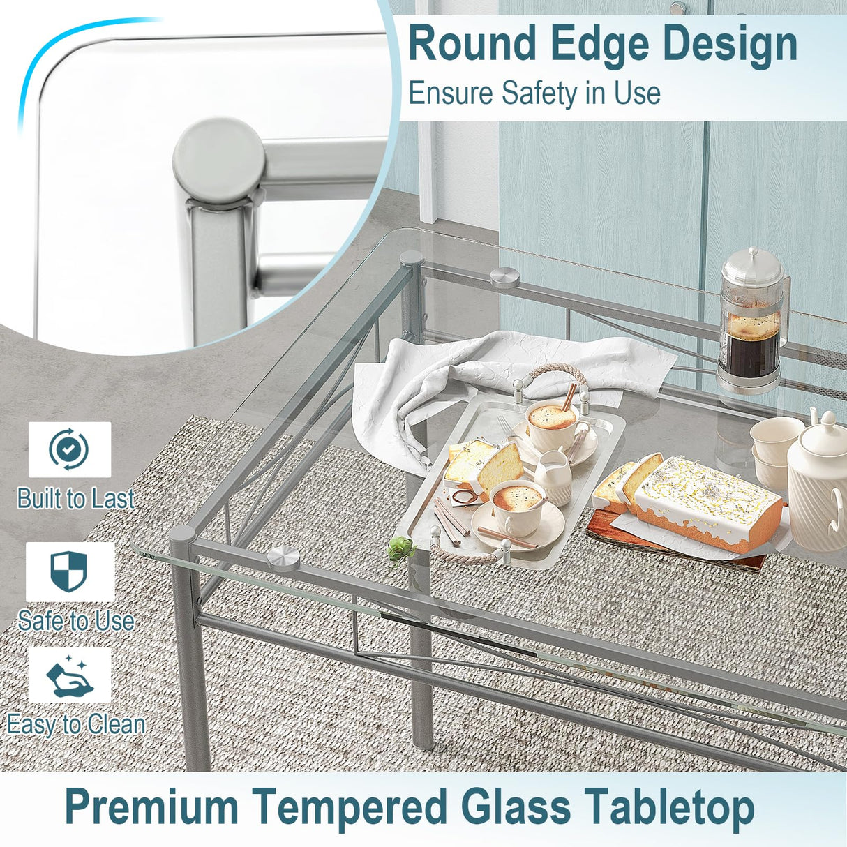 5-Piece Glass Dining Table Set with 4 Chairs