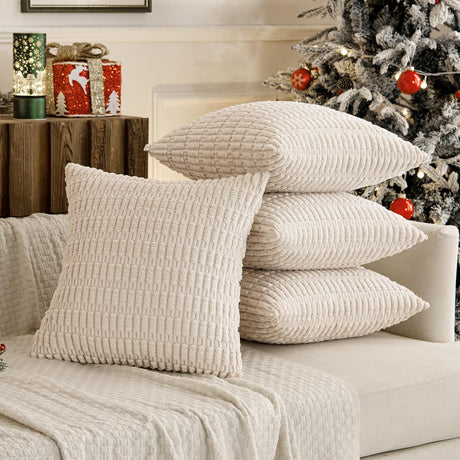 Pack of 4 Cream White Corduroy Christmas Decorative Throw Pillow Covers 18x18 Inch