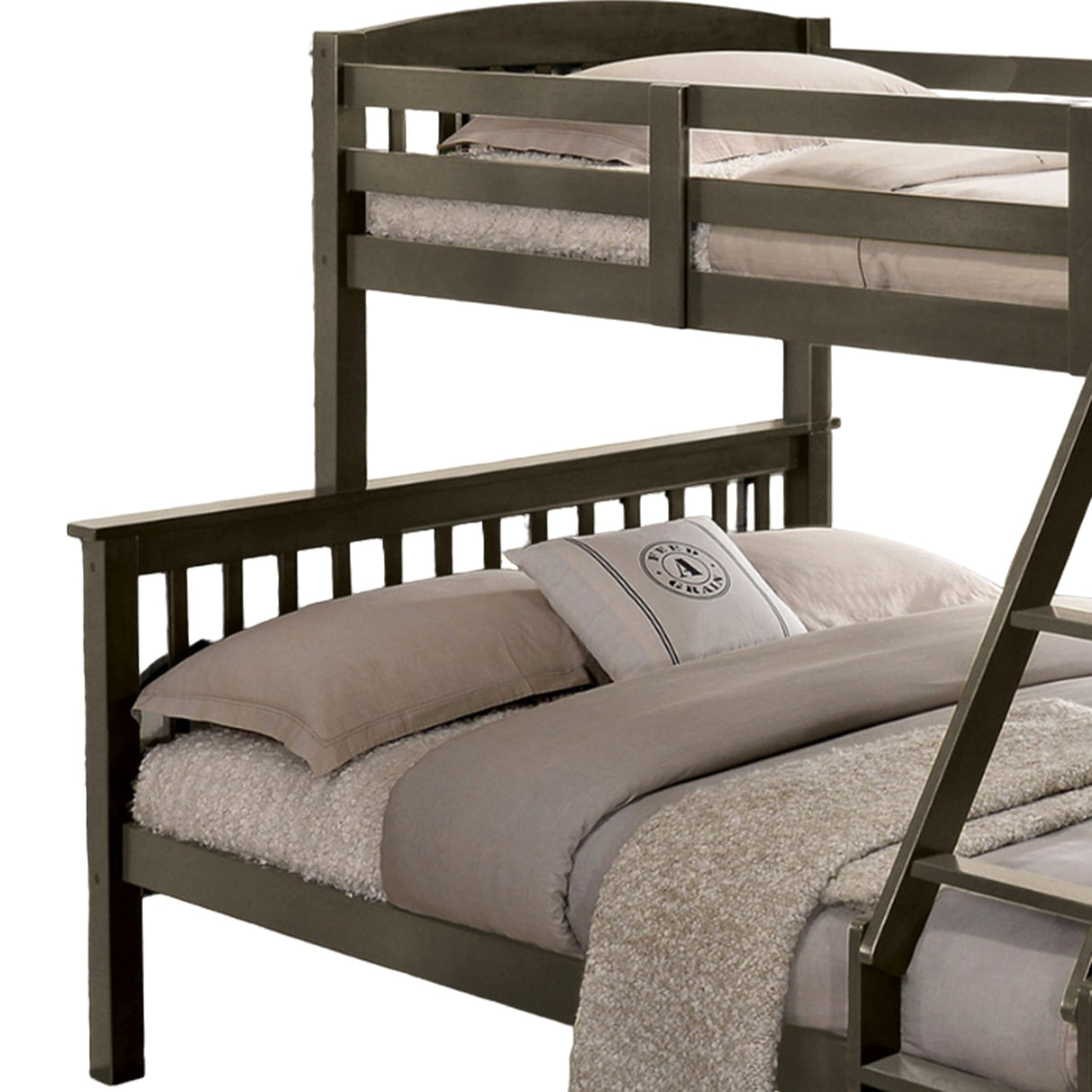 Benjara Bruke Twin/Full Size Bunk Bed with Ladder, Slatted Solid Hardwood, Taupe Gray