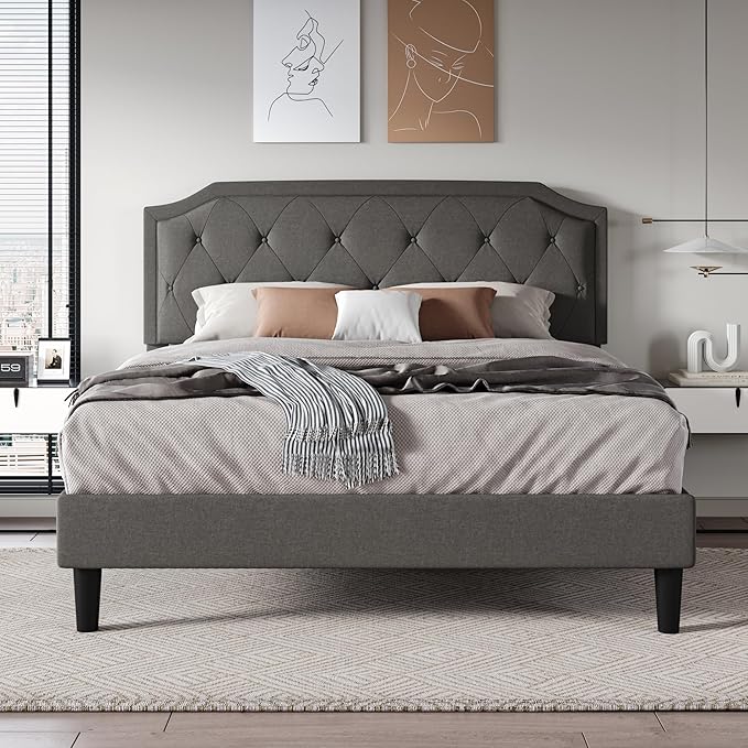 King Size Platform Bed Frame with Adjustable Diamond-Tufted Headboard,