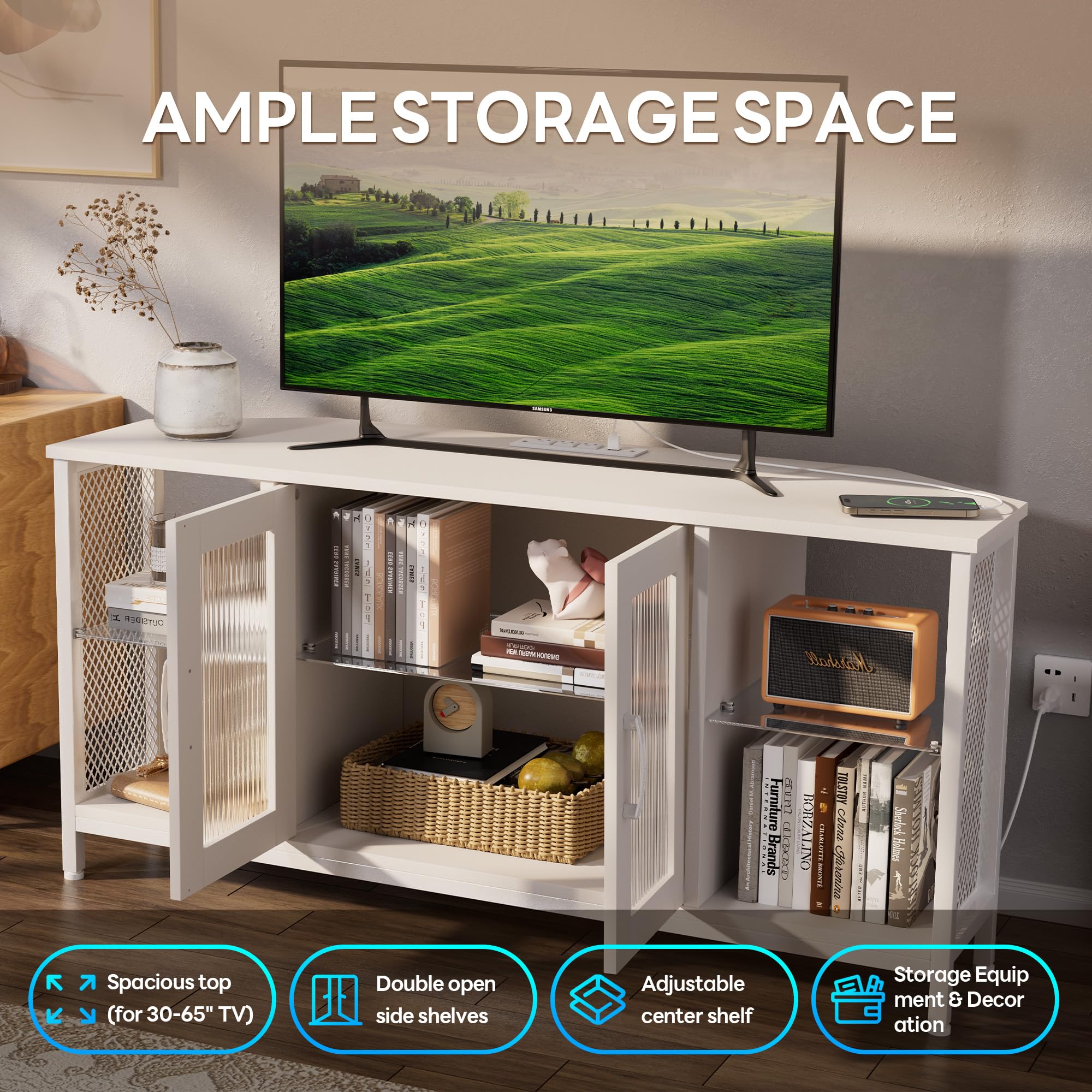 46-Inch TV Stand with LED Lights & Glass Storage