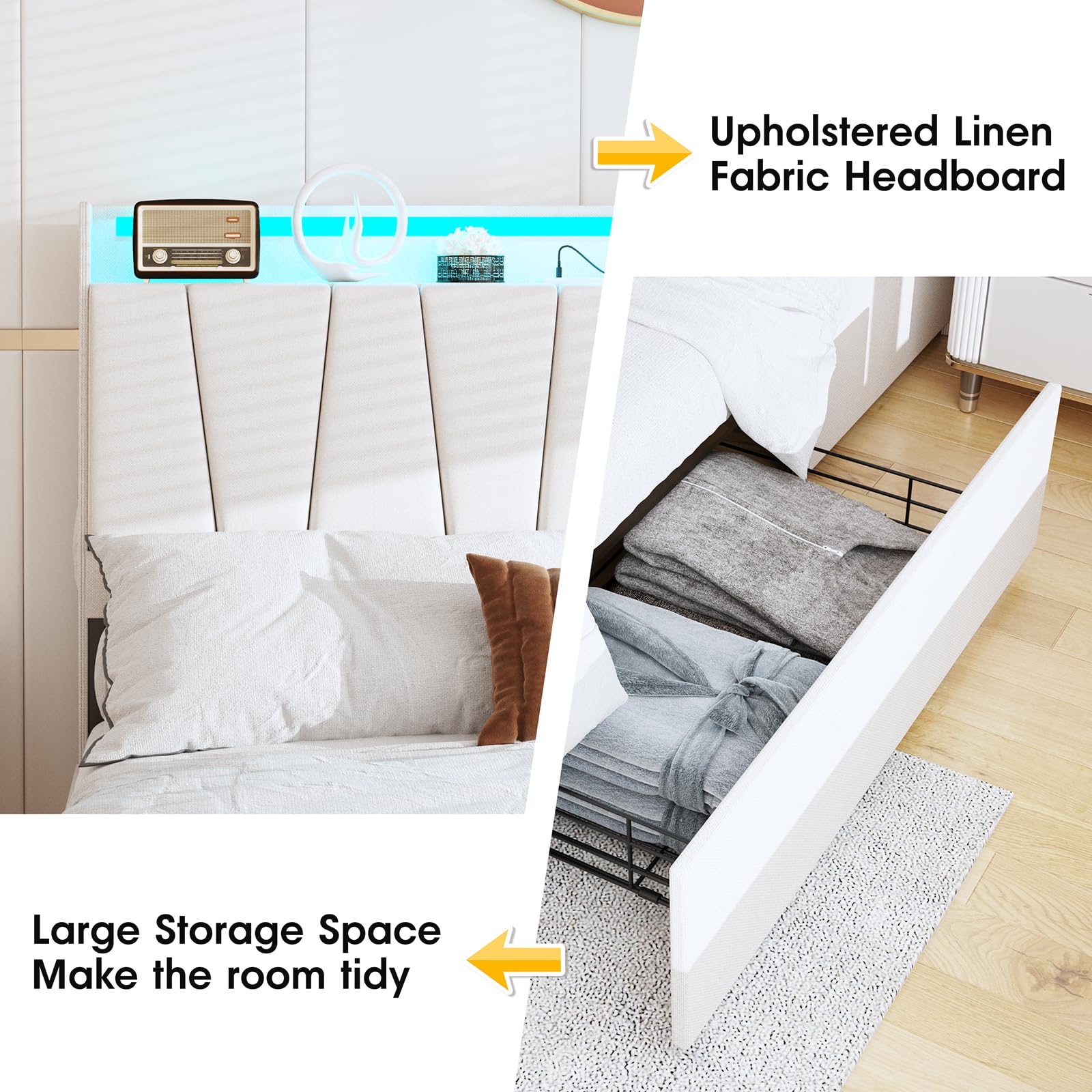 Full Size Platform Bed with Storage Headboard & LED Lights