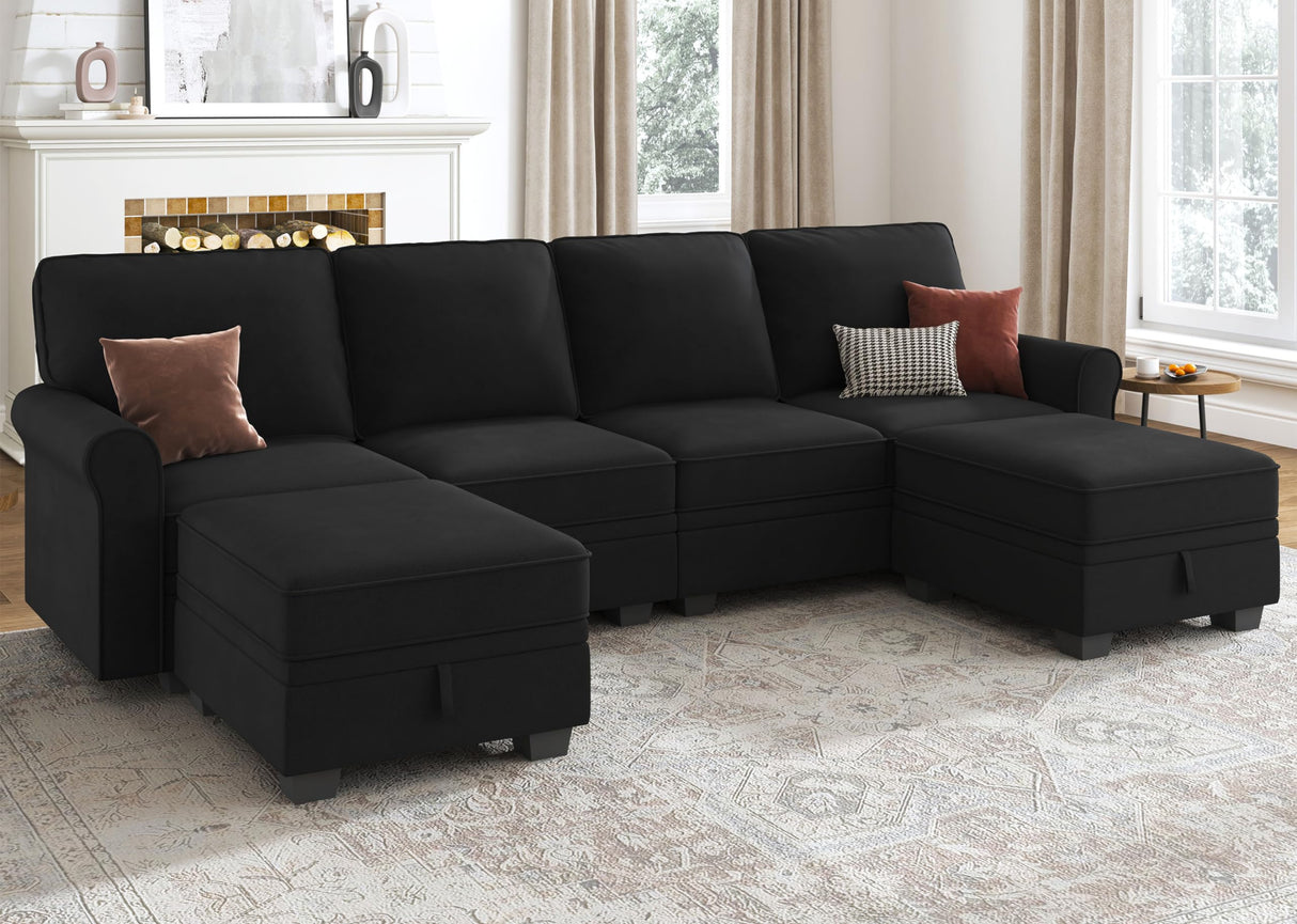 Sectional Sofa with Storage Seat Velvet U Shaped Sectional Couch with Reversible Chaise