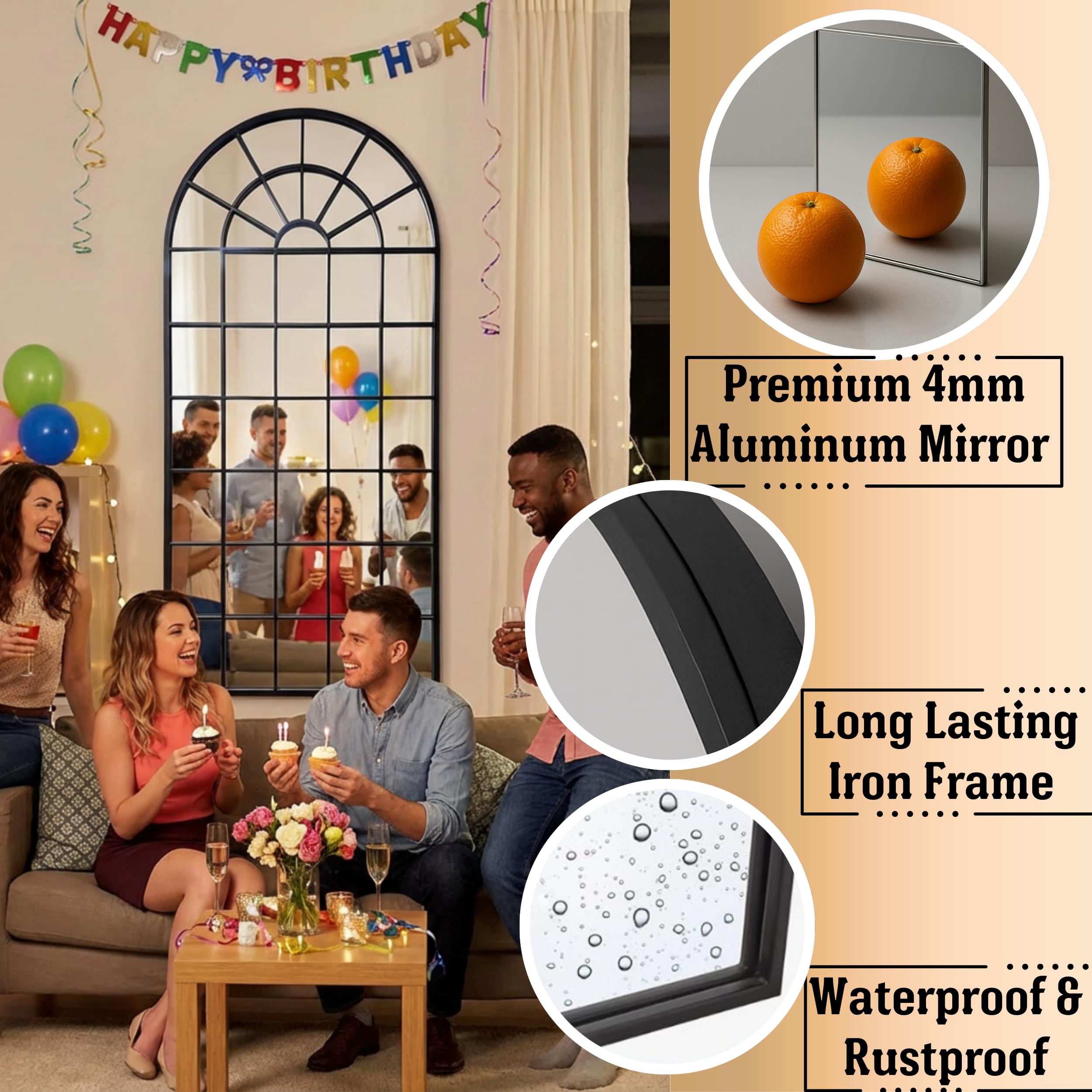 Large Arched Window Pane Mirror - 70x30 Inch Full Length Wall & Floor Mirror