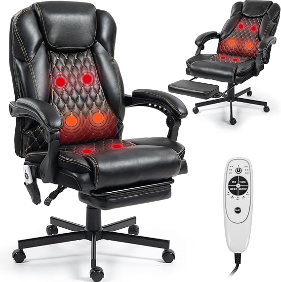 Massage Office Chair with Footrest - Ergonomic Executive Desk Chair with Heat & Vibration