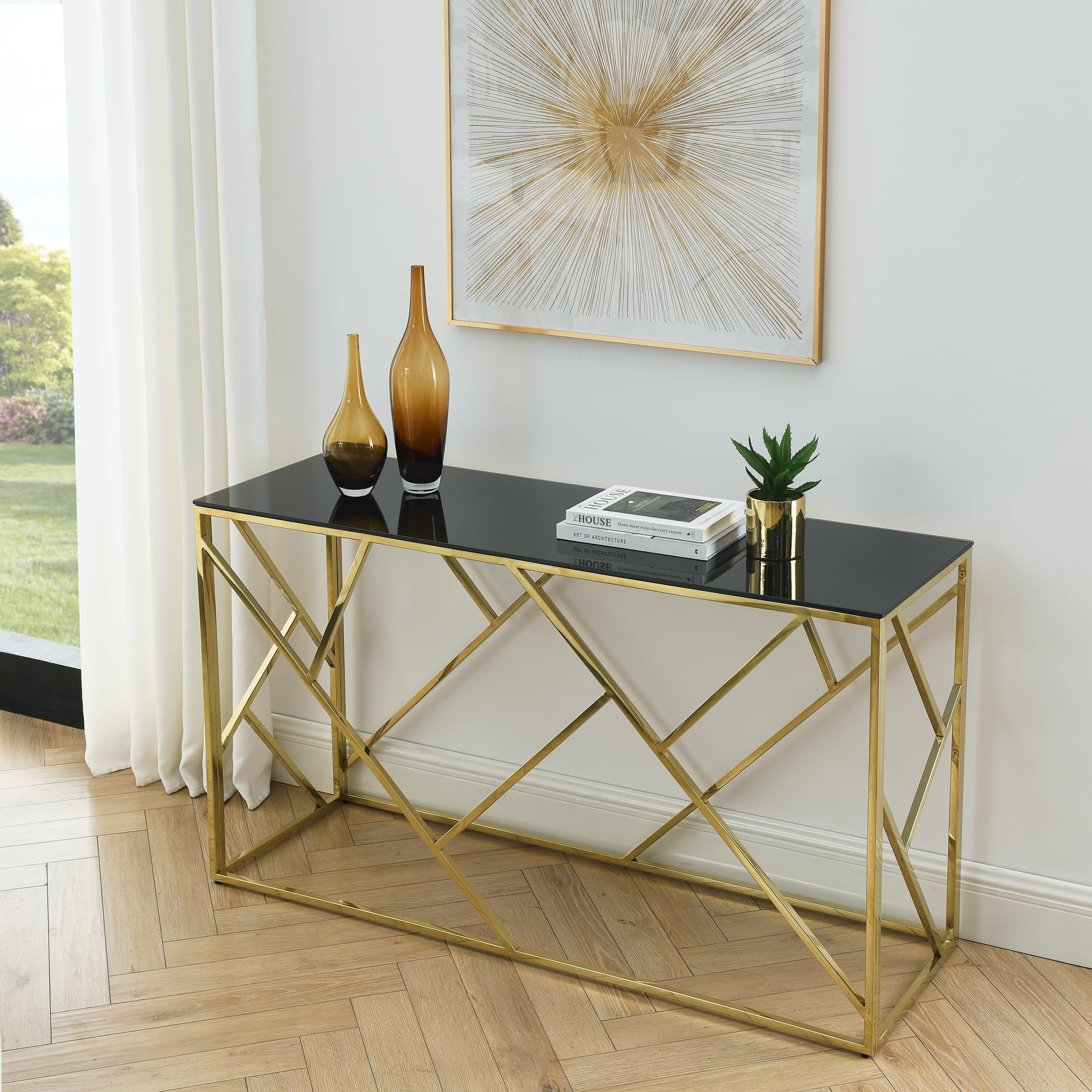 Modern Black Glass Console Table, Luxury 55" Rectangular Sofa Table with Gold