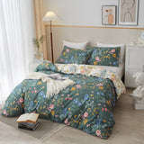 Green and White Floral Duvet Cover King 100% Cotton,Reversible Green Garden Flower