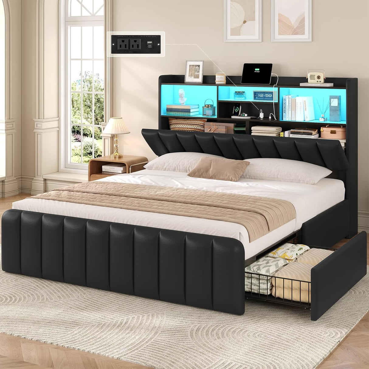 Full Size Bed Frame with Bookcase Headboard and Storage Drawers