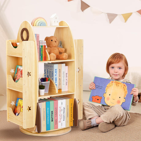 Rotating Bookshelf for Kids, 360° Spinning Bookshelf Tower with Imagination-Boosting and Large Capacity Design, Ideal Montessori Bookshelf for Kids Rooms, Classroom, Living Room