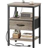 Nightstand with Charging Station, Bed Side Table with Adjustable Fabric Drawer