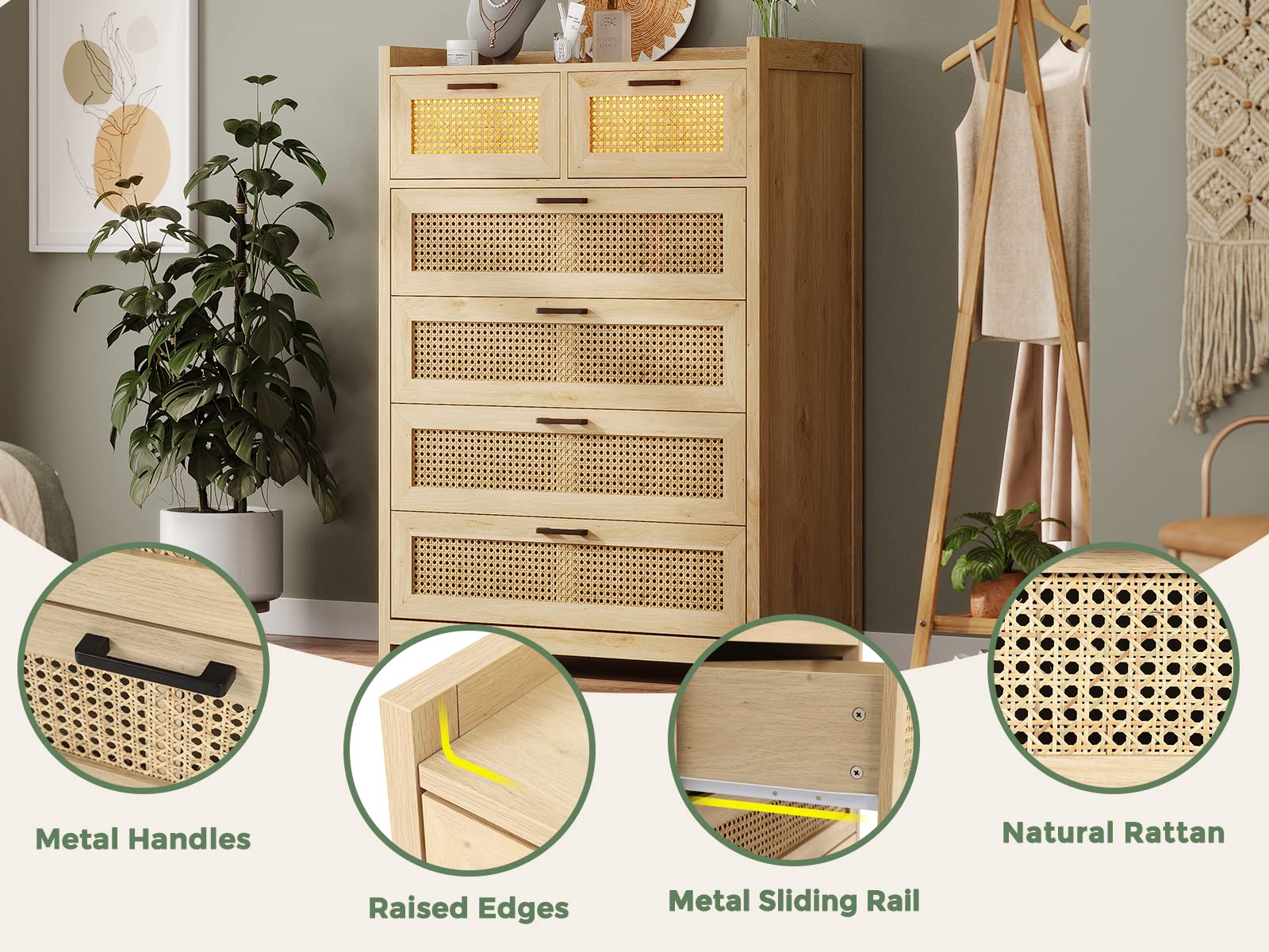 6 Drawer Dresser for Bedroom, Natural Rattan Wood Dressers with Led Light,