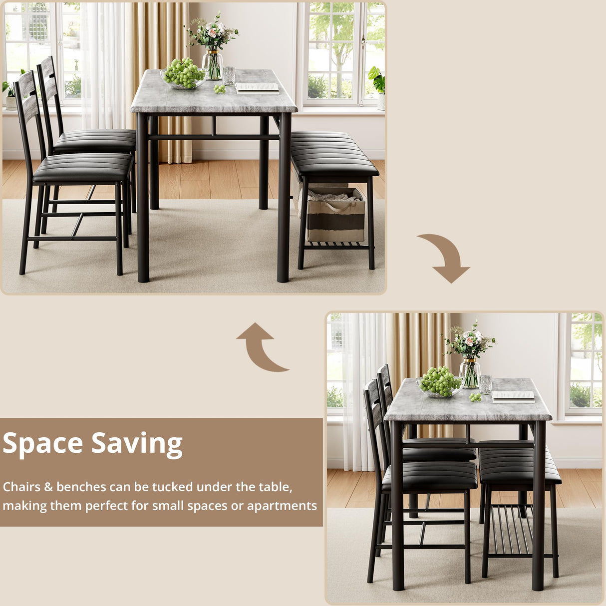 Table Set for 4, Kitchen Table with Upholstered Bench and 2 Chairs, Kitchen Table