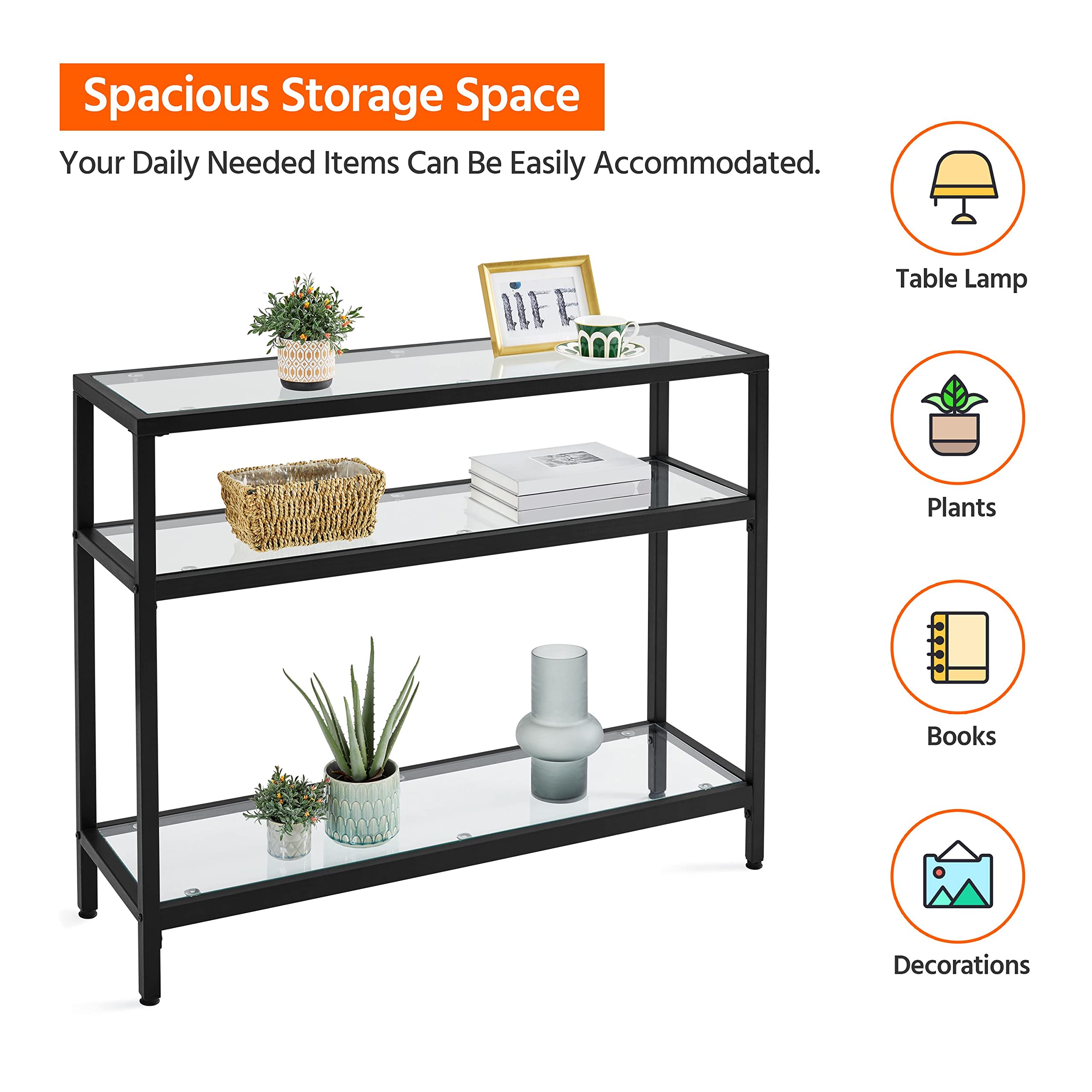 39.5" Console Table with 3 Storage Shelves,Tempered Glass Sofa Table