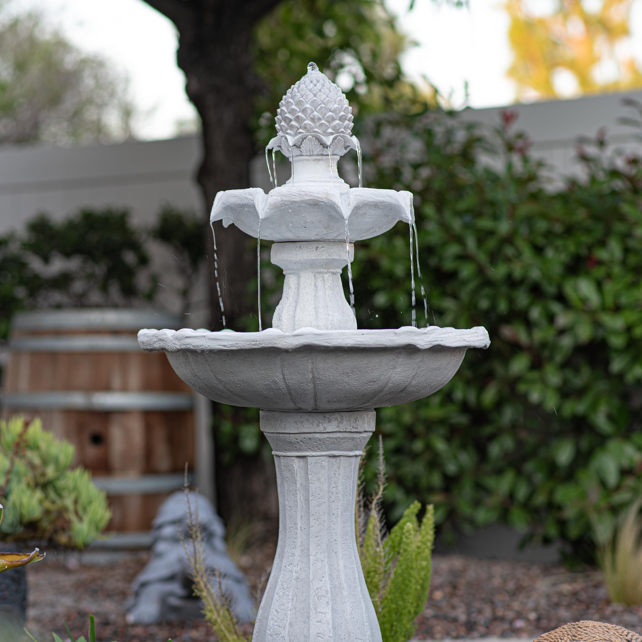 XBrand 44" Tall White Fiberglass/Resin 2-Tiered Solar Water Fountain w/Solar Panel and Auto-Shut Off Pump for Home Garden Yard Decor