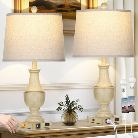 Farmhouse Table Lamps Set of 2, Rustic Touch Control Bedside Lamps with 2 USB Ports &