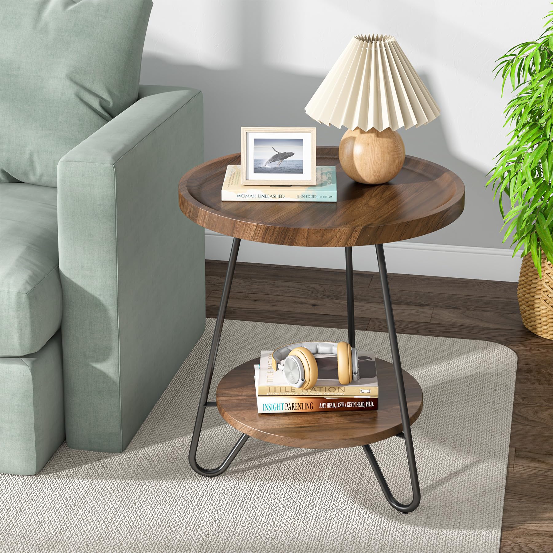 Round Side Table, 2-Tier End Table with Metal Legs, Modern Industrial Beside Table