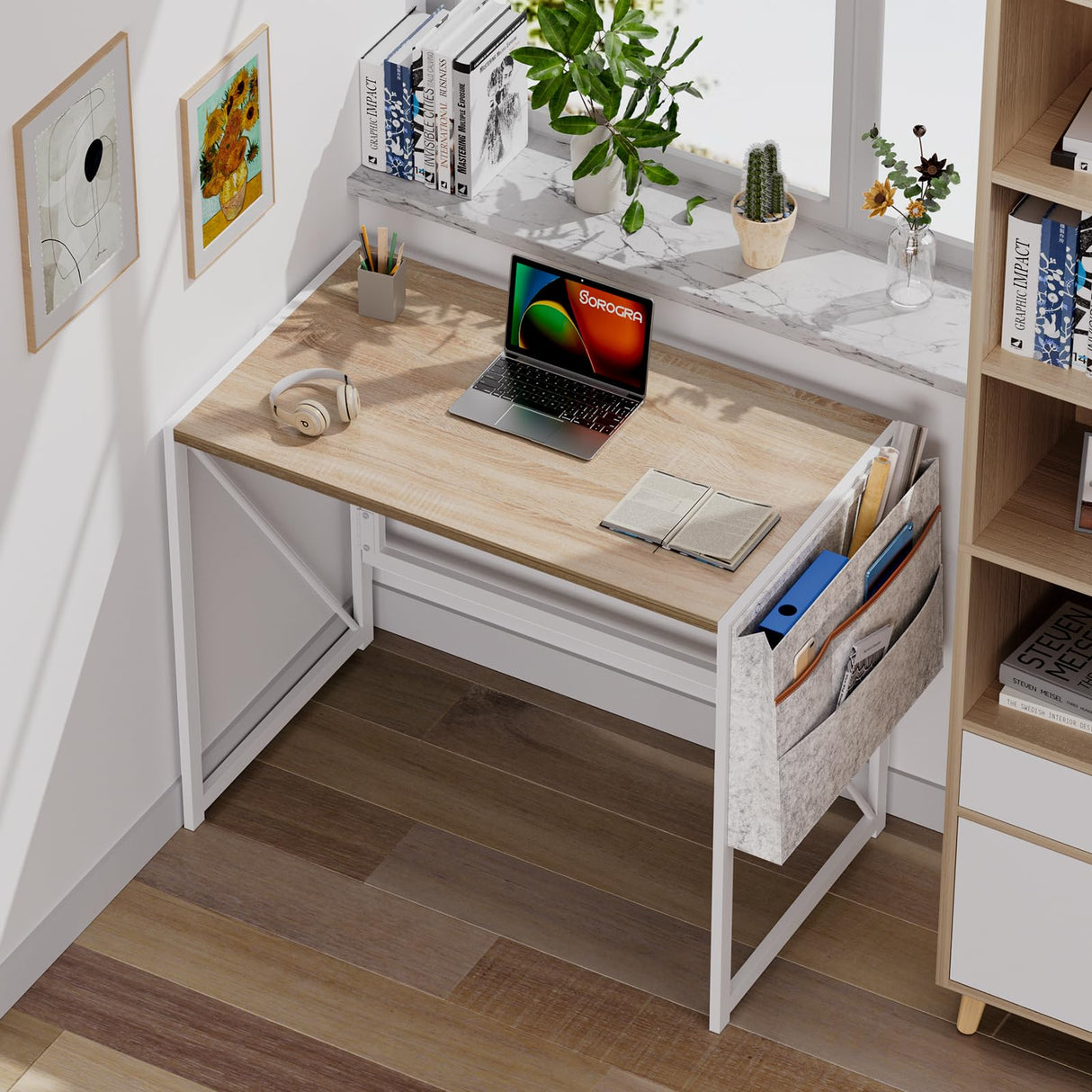 Small Folding Desk, 31.5 Inch Spaces Saving Foldable Table with Storage Pocket